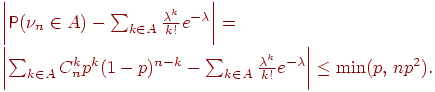 Описание: \biggl|\Prob(\nu_n\in A) - \sum_{k\in A}\frac{\lambda^k}{k!} e^{-\lambda}\biggr| =\\\biggl|\sum_{k\in A} C_n^k p^k (1-p)^{n-k} -\sum_{k\in A} \frac{\lambda^k}{k!} e^{-\lambda}\biggr| \le\min(p,\,np^2).